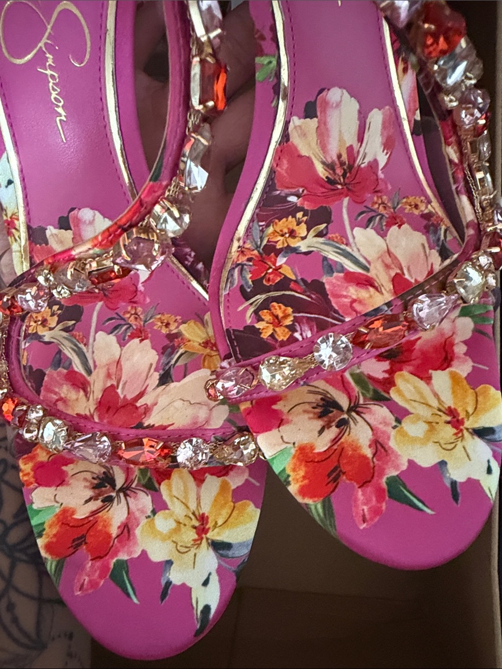 Pink Floral Crystal T-Strap Stiletto Sandals - Picture 2 of 11